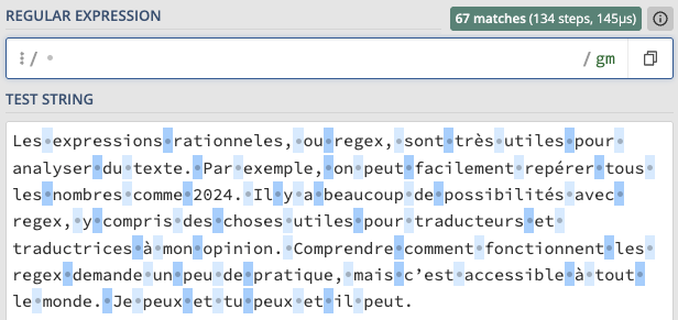 regex101 highlighting the 67 spaces in the test string for an expression made of a single space