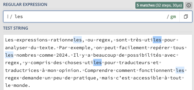 Matches of /les/ in regex101, including inside words