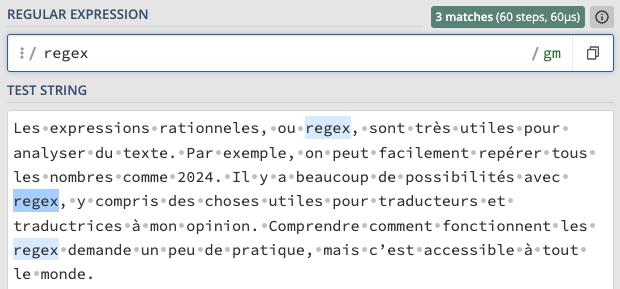 regex101 highlighting every occurrence of “regex” in the test string