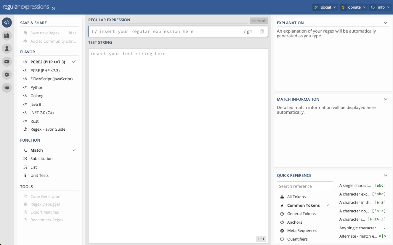 The regex101 home page, with the expression field and the test string field