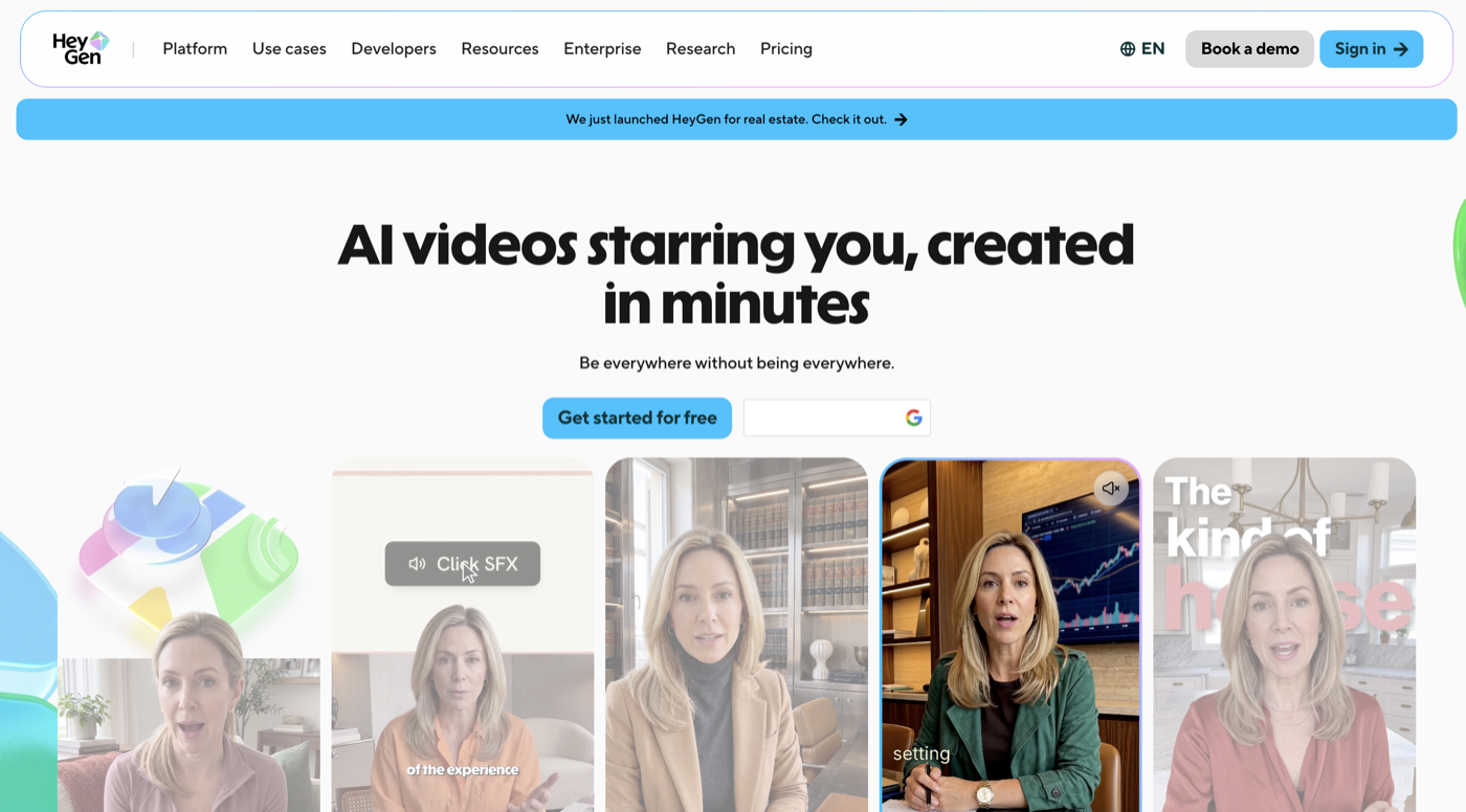 The heygen.com homepage with the Sign in and Get started for free buttons