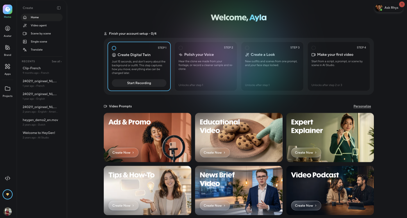 HeyGen's home screen after signing in, with account setup steps and video templates