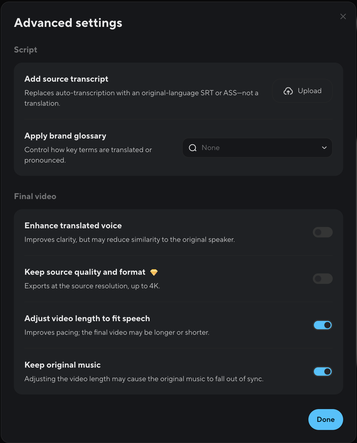 HeyGen's advanced settings dialog