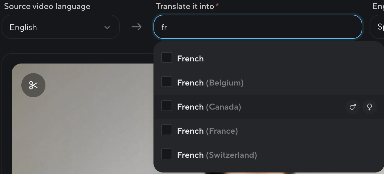 Choosing the source and target language, the list showing the varieties of French