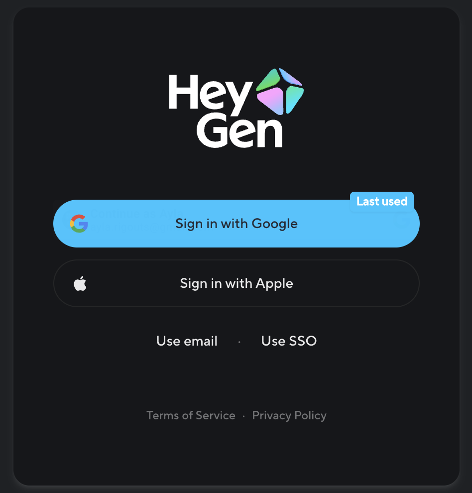 HeyGen's sign-in screen offering Google, Apple, email or an institutional account