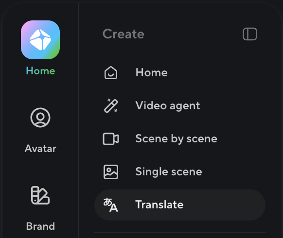 HeyGen's Create menu with the Translate entry selected