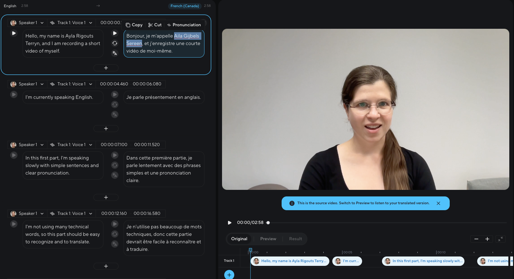 HeyGen's editor showing the English transcript and the French translation segment by segment, beside the source video