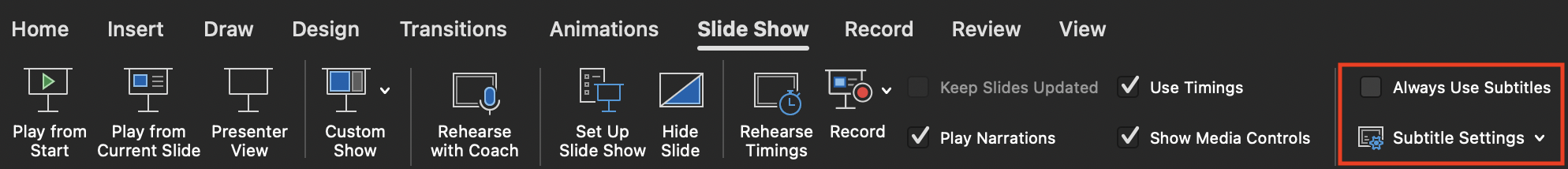 PowerPoint Slide Show tab with the subtitle options