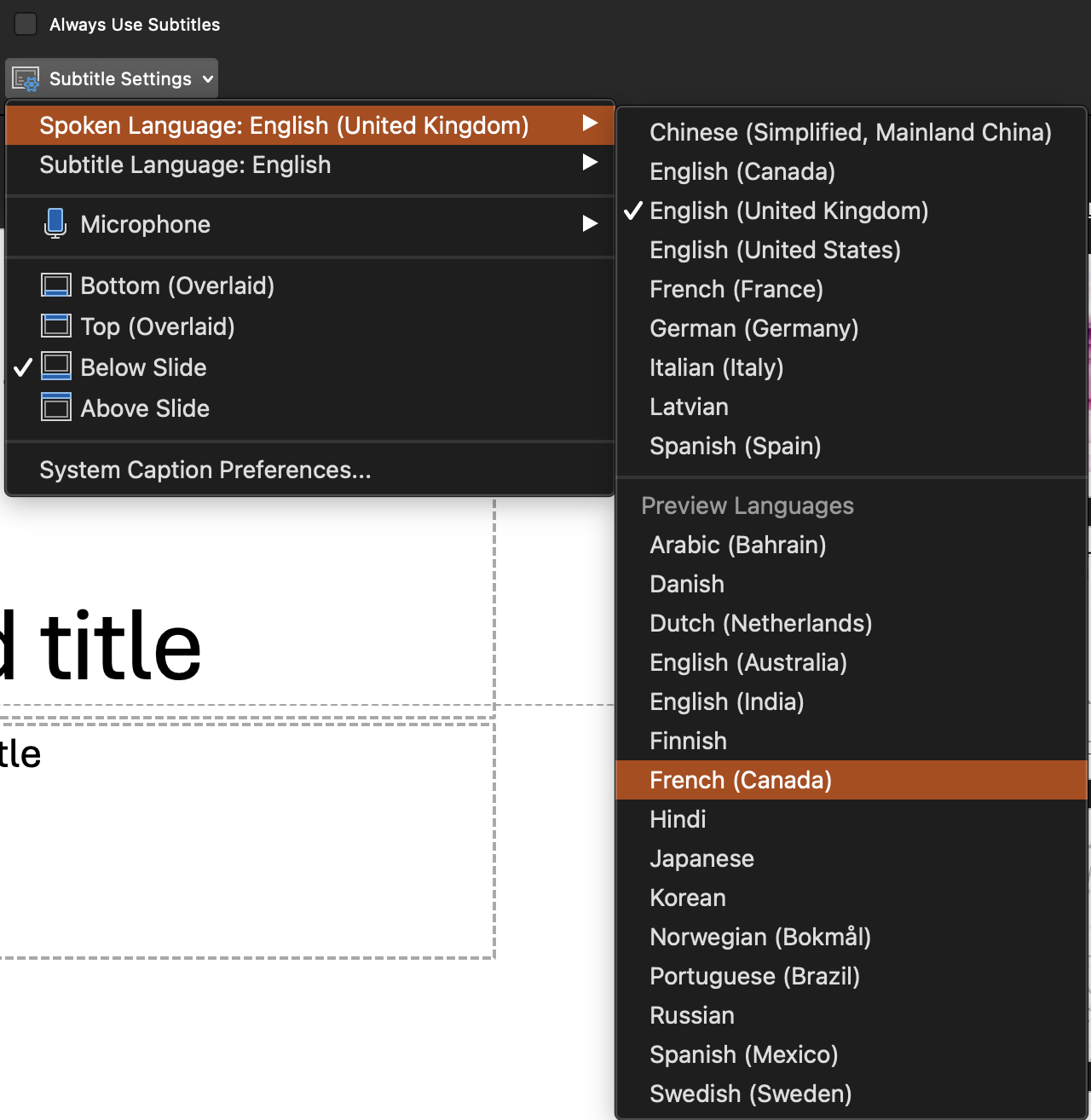 PowerPoint subtitle settings menu