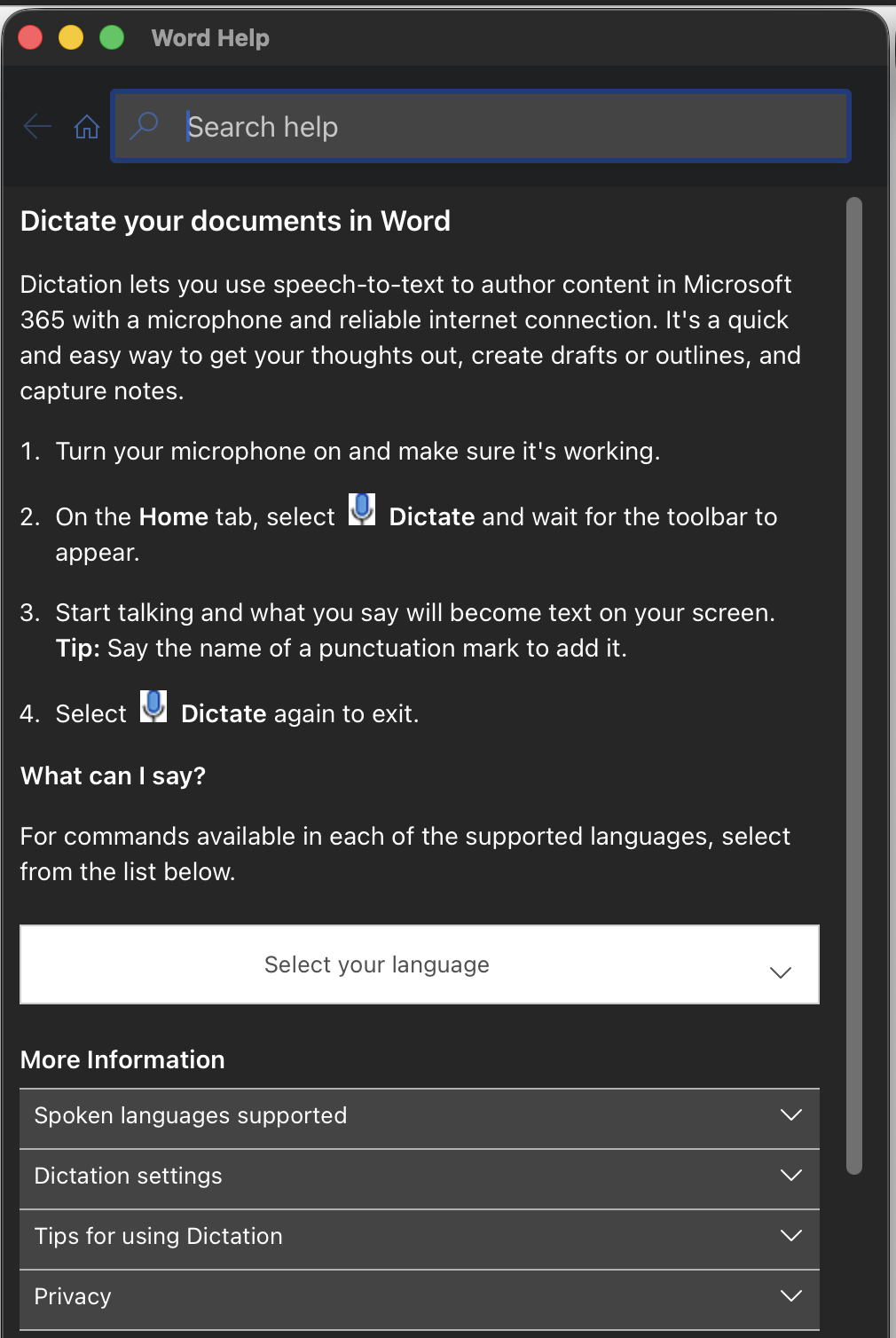 Word's help pane, open on the article Dictate your documents in Word, with a What can I say? section and a language selector