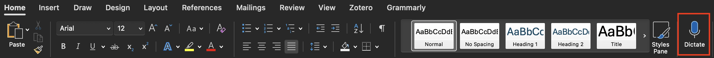 Word ribbon, Home tab, with the Dictate button