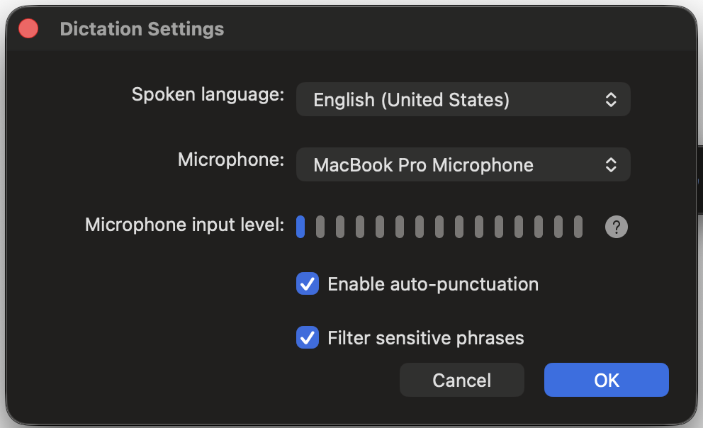 Settings menu of Word's Dictate feature