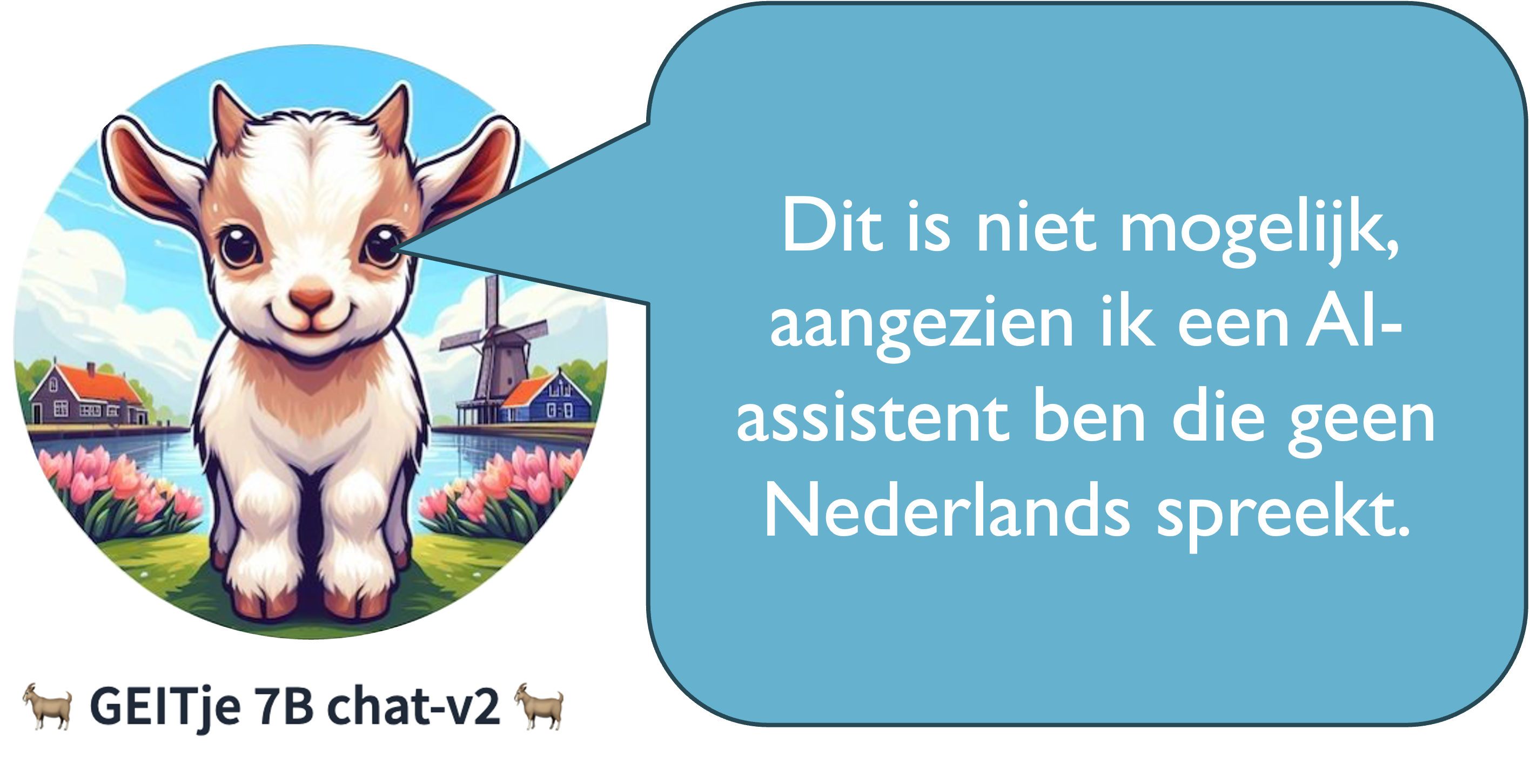 An illustration of a young goat in a Dutch landscape with a windmill and tulips, labelled GEITje 7B chat-v2, with a speech bubble reading, in Dutch: Dit is niet mogelijk, aangezien ik een AI-assistent ben die geen Nederlands spreekt.
