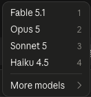 A model menu listing Fable 5.1, Opus 5, Sonnet 5 and Haiku 4.5, then an entry labelled More models.