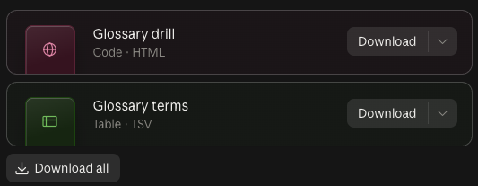 Two file cards with Download buttons: Glossary drill, Code, HTML; and Glossary terms, Table, TSV; with a Download all button below.