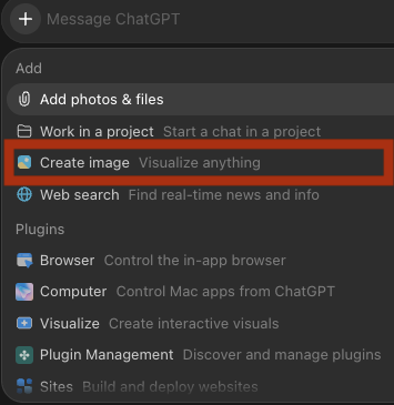ChatGPT's menu under the + sign of the message box, with Create image, Visualize anything, outlined in red.