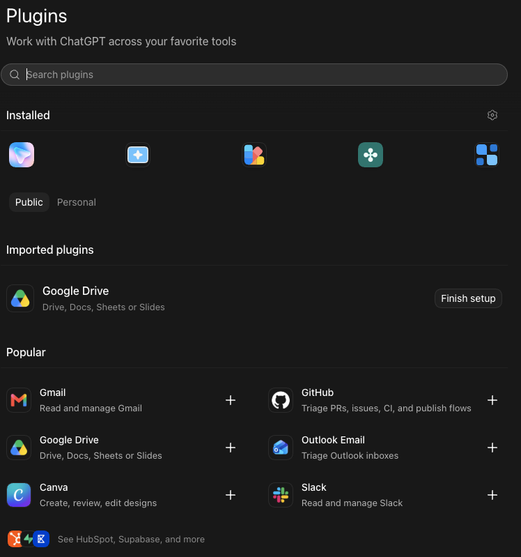 ChatGPT's Plugins page with a search field, a row of installed plugins, an imported Google Drive plugin waiting to finish setup, and a Popular section listing Gmail, GitHub, Google Drive, Outlook Email, Canva and Slack.