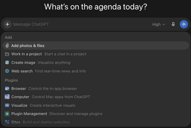 ChatGPT's message box with the menu open under the + sign. Under Add: Add photos and files, Work in a project, Create image, and Web search. Under Plugins: Browser (control the in-app browser), Computer (control Mac apps from ChatGPT), Visualize (create interactive visuals), Plugin Management, and Sites (build and deploy websites).