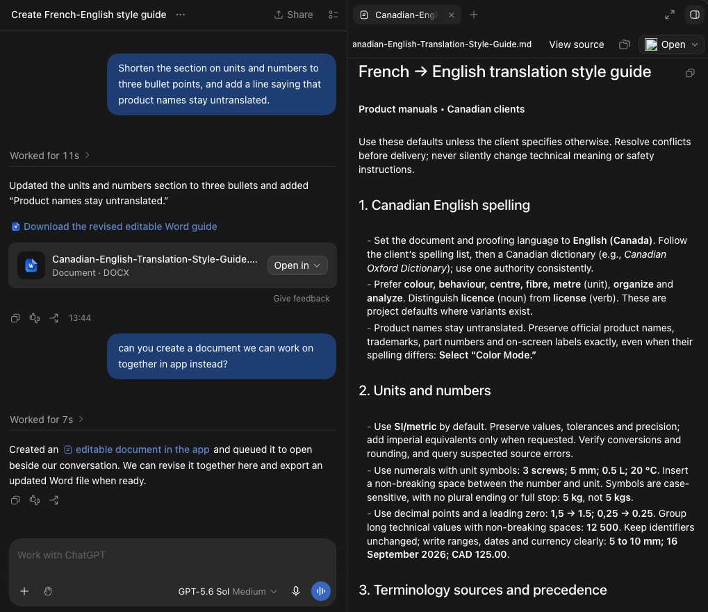 ChatGPT Work with the conversation on the left and a document panel on the right. The conversation shows a request to shorten a section of the style guide, the revised Word file, and a request for a document to work on together in the app, answered with an editable document in the app. The panel shows the French to English translation style guide, with sections on Canadian English spelling and on units and numbers.
