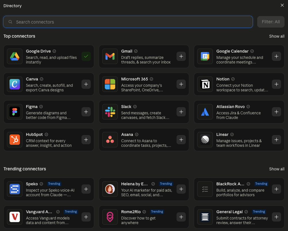Claude's connector directory with a search field. Under Top connectors: Google Drive (connected), Gmail, Google Calendar, Canva, Microsoft 365, Notion, Figma, Slack, Atlassian Rovo, HubSpot, Asana and Linear, each with a one-line description. Below, Trending connectors.