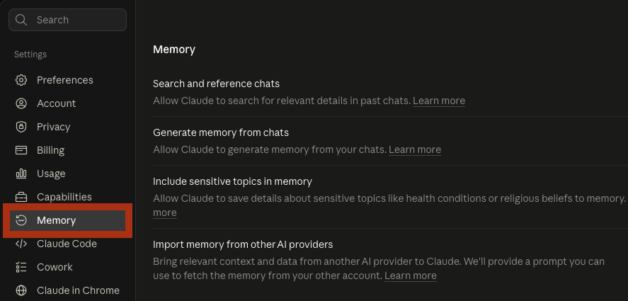 Claude's Memory settings, with four entries: Search and reference chats, Generate memory from chats, Include sensitive topics in memory (such as health conditions or religious beliefs), and Import memory from other AI providers.
