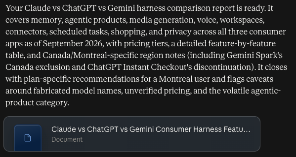 Claude's message announcing that the comparison report is ready, summarizing what it covers, with a document card below it.