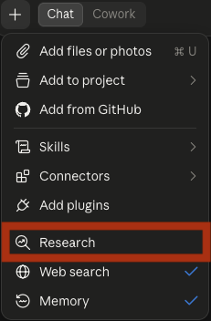 Claude's menu under the + sign of the message box, with the Research entry outlined in red, between Add plugins and Web search.