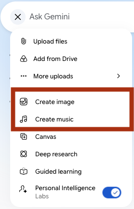 Gemini's menu under the Ask Gemini message box, with Create image and Create music outlined in red, and Canvas, Deep research and Guided learning below them.