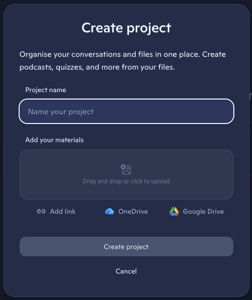 A Create project dialog in the Copilot app: organise your conversations and files in one place, a field to name the project, an area to drag and drop or click to upload materials, buttons to add a link or to take files from OneDrive or Google Drive, and a Create project button.