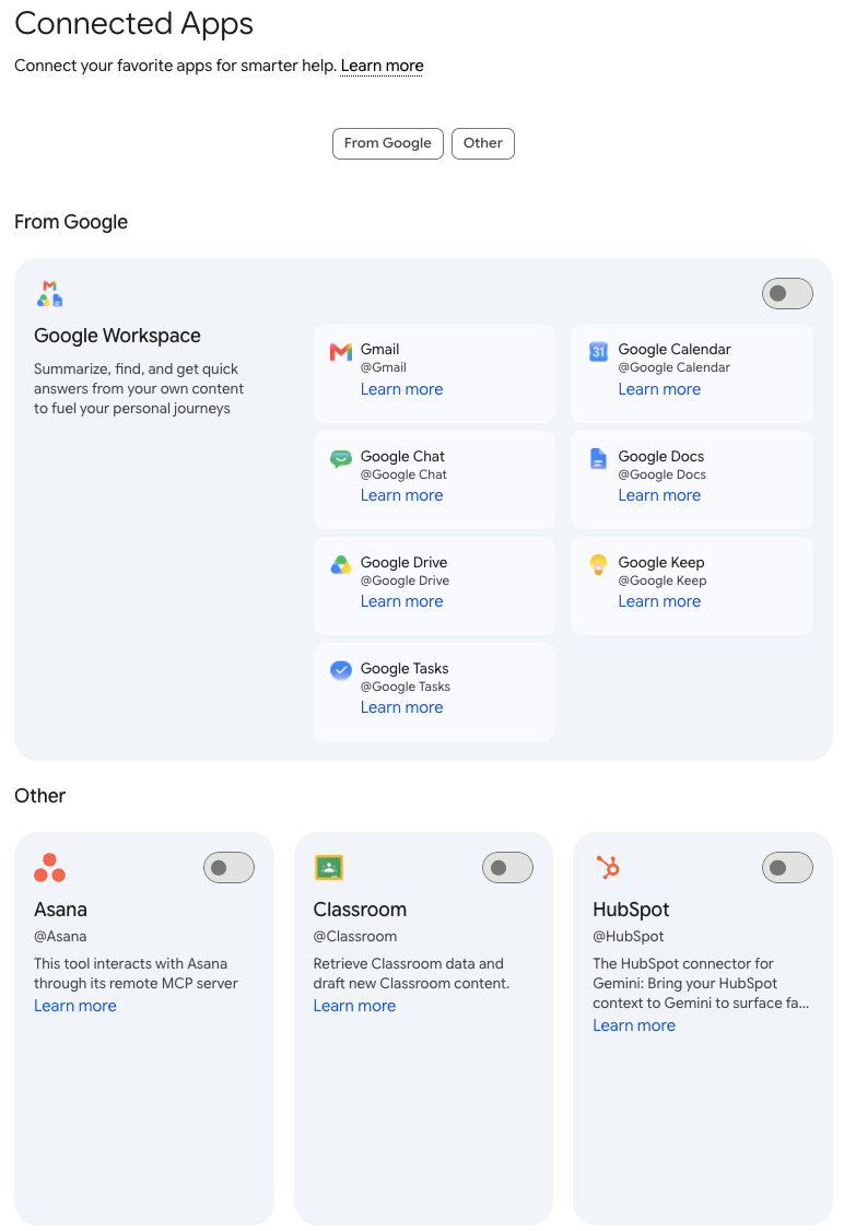 Gemini's Connected Apps page, split into From Google and Other. Under From Google, a Google Workspace card with a switch and entries for Gmail, Google Calendar, Google Chat, Google Docs, Google Drive, Google Keep and Google Tasks. Under Other, cards with their own switches for Asana, Classroom and HubSpot, one of them noting that it works through a remote MCP server.
