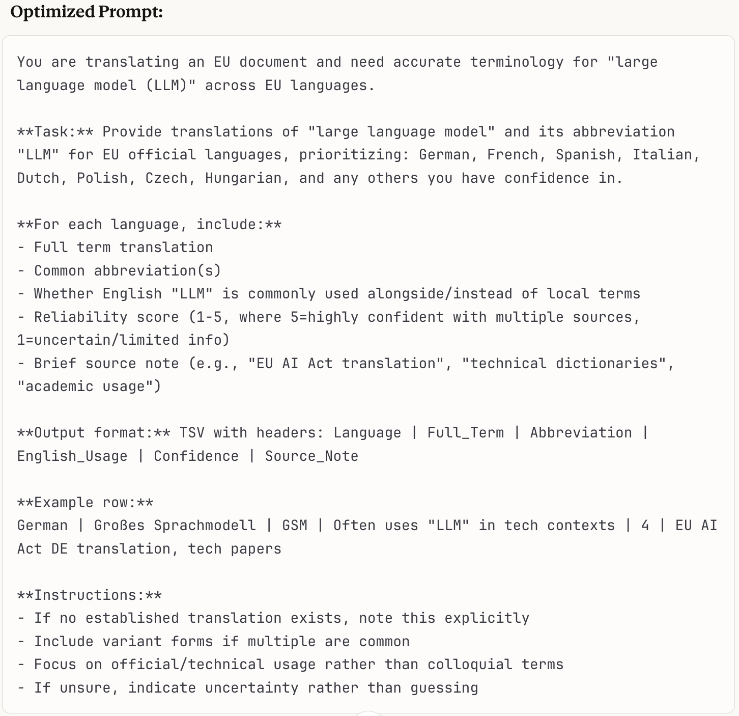 Claude's optimized prompt: a sentence of context, a task listing eight EU languages to prioritize and any others it has confidence in, a list of five things to include for each language, an output format with column headers, an example row for German, and four instructions ending with: if unsure, indicate uncertainty rather than guessing.