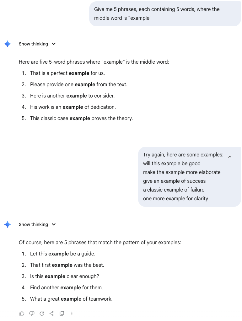 Gemini asked for five five-word phrases with exemple as the middle word gives five that do not fit; after the user supplies four example phrases, it gives five that match the pattern.