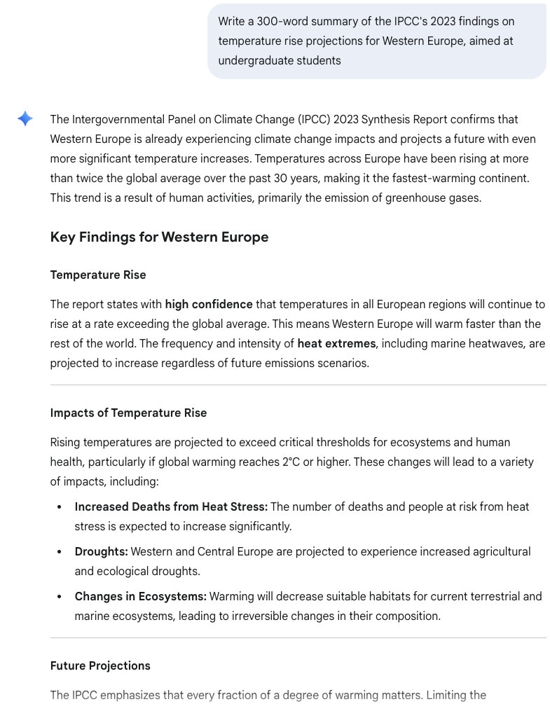 Gemini answering a request for a 300-word summary of the IPCC 2023 findings on temperature rise in Western Europe for undergraduate students, with headings Key findings for Western Europe, Temperature rise, Impacts and Future projections.