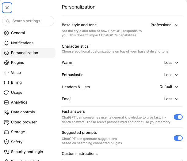 ChatGPT's Personalization settings: Base style and tone set to Professional; Characteristics with Warm, Enthusiastic and Emoji set to Less and Headers and Lists set to Default; switches for Fast answers, which are not personalized and do not use memory, and for Suggested prompts; then the start of the Custom instructions field.