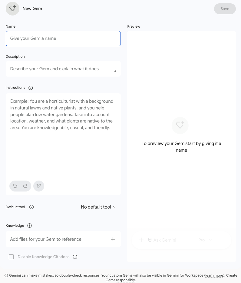 Gemini's New Gem editor: fields for a name and a description, a large Instructions field whose example describes a horticulturist who helps people plan low-water gardens and who is knowledgeable, casual and friendly, a default tool setting, and a Knowledge area to add files for the Gem to reference.