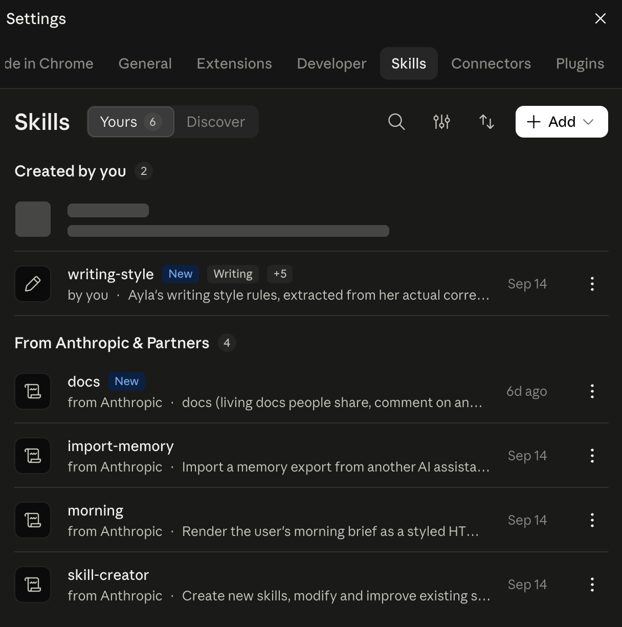 The Skills tab of Claude's settings, listing six skills: two created by the user, one of them masked and the other a writing-style skill, and four from Anthropic, for shared documents, importing memory, a morning brief and creating skills.