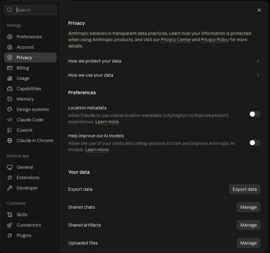 The Privacy page of Claude's settings, with a Preferences section. Location metadata is switched off, and Help improve our AI models, described as allowing chats and coding sessions to train and improve Anthropic's models, is switched off too. Below, Your data offers export, shared chats, shared artifacts and uploaded files.