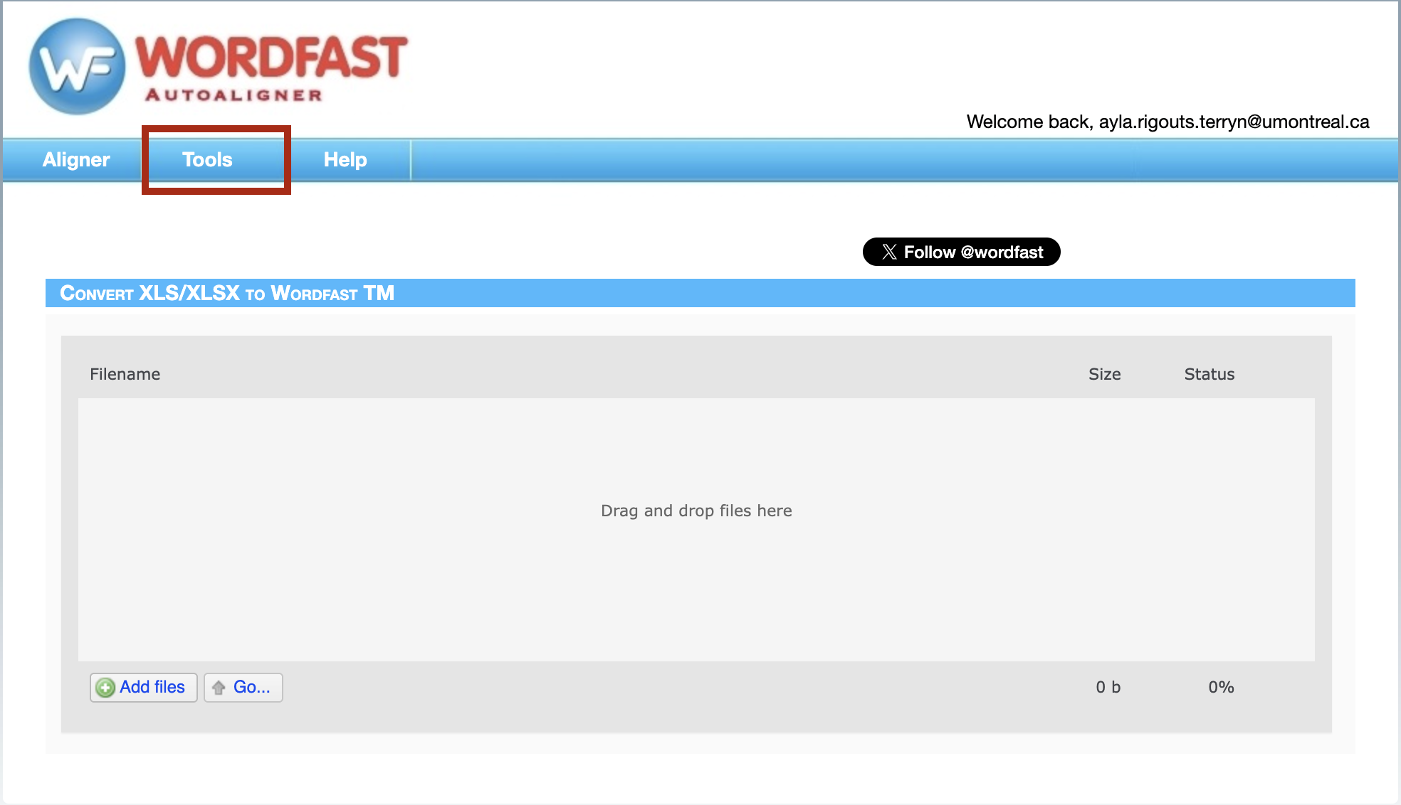 La page Tools de l'AutoAligner, le menu Tools encadré en rouge : la section Convert XLS/XLSX to Wordfast TM, avec une zone Drag and drop files here, les boutons Add files et Go, et les colonnes Filename, Size et Status.