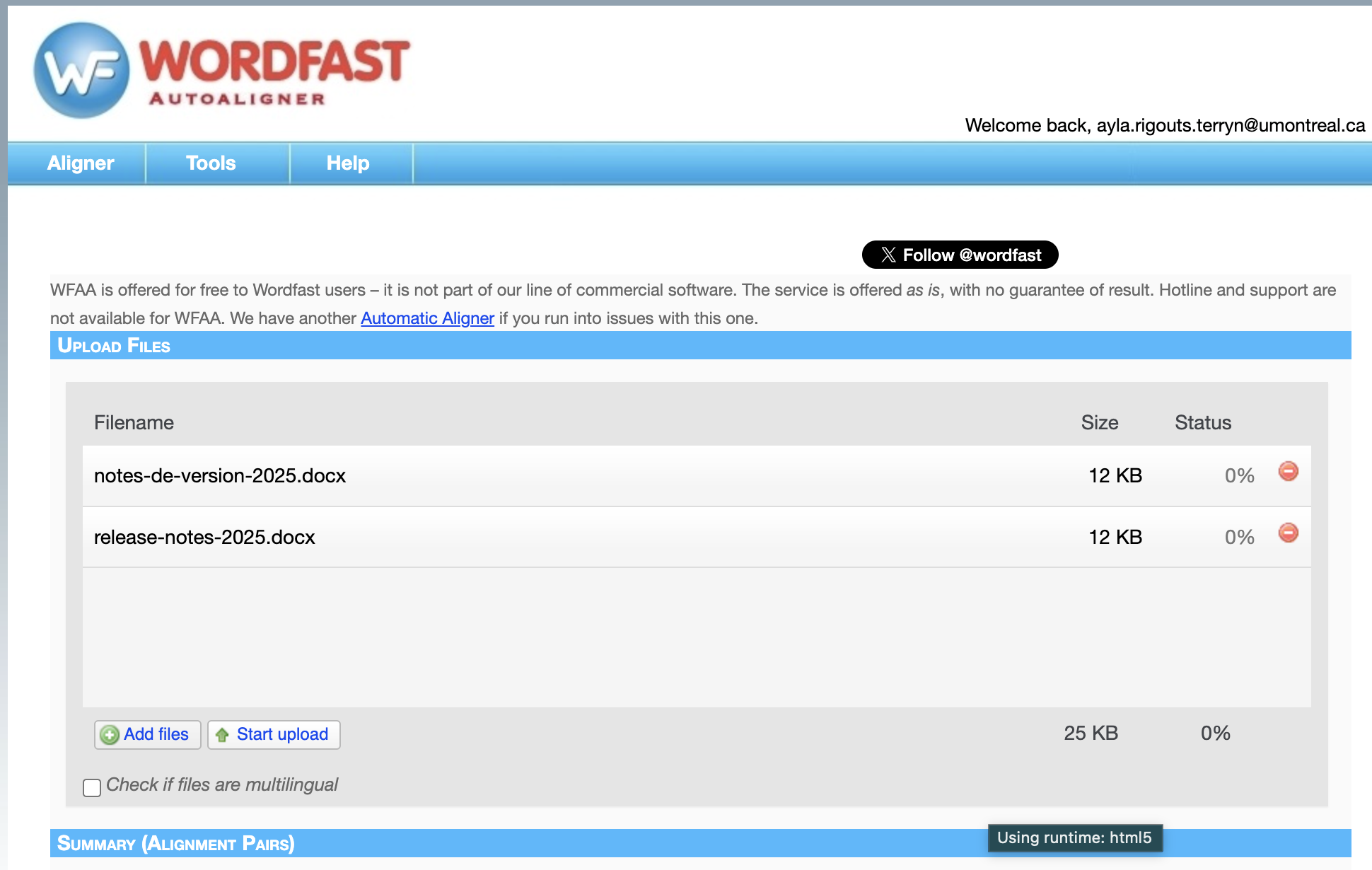 La section Upload Files avec les deux fichiers listés, notes-de-version-2025.docx et release-notes-2025.docx, 12 Ko chacun, à 0 %, la case Check if files are multilingual décochée.