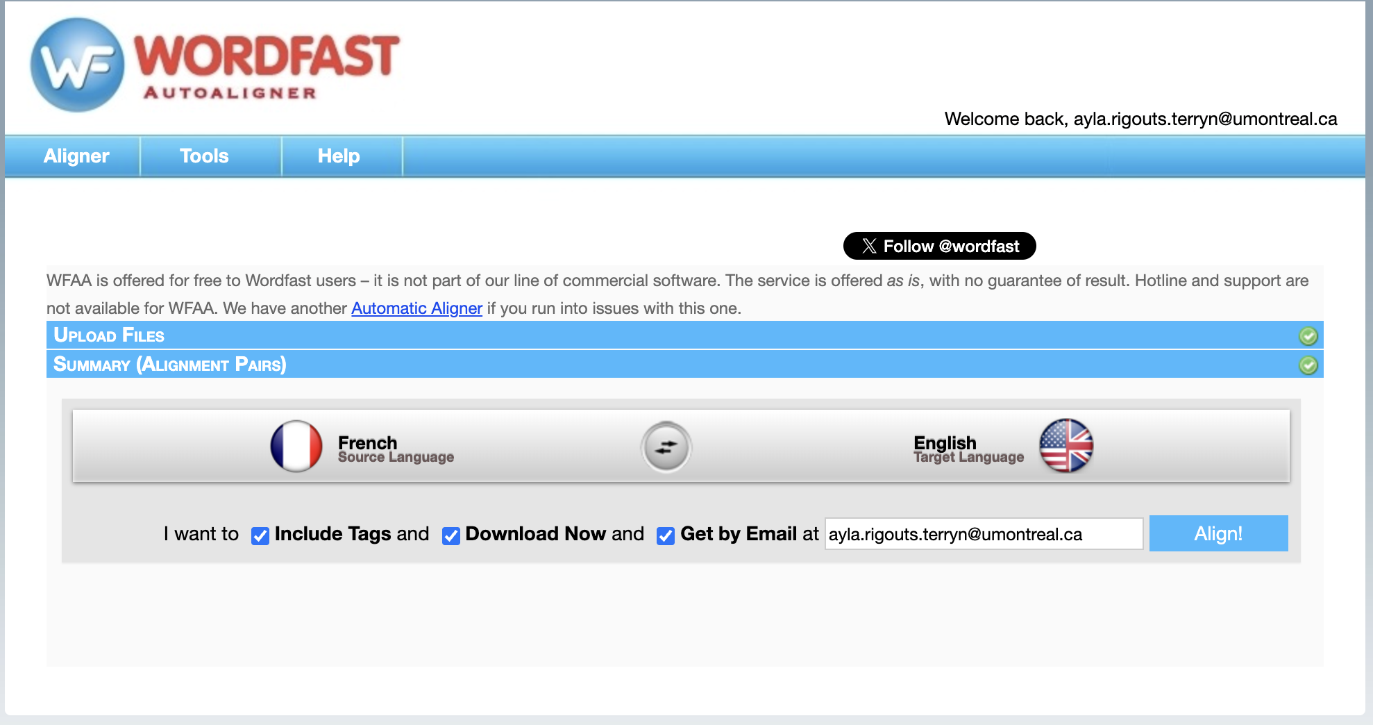 La section Summary : French en langue source, English en langue cible, puis la ligne I want to avec les cases Include Tags, Download Now et Get by Email cochées, l'adresse de courriel et le bouton Align!.