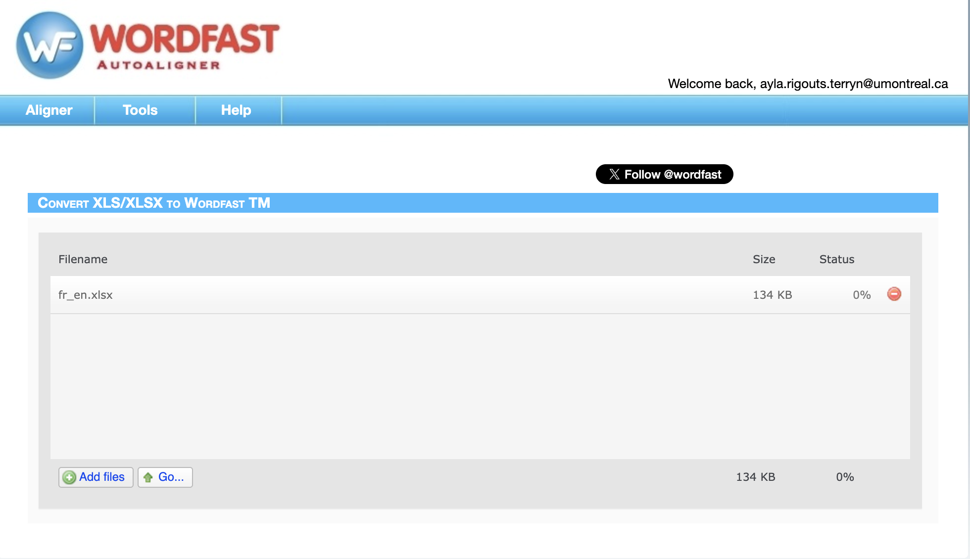 La page Tools avec le fichier fr_en.xlsx déposé, sa taille de 134 Ko et son état à 0 %, au-dessus des boutons Add files et Go.