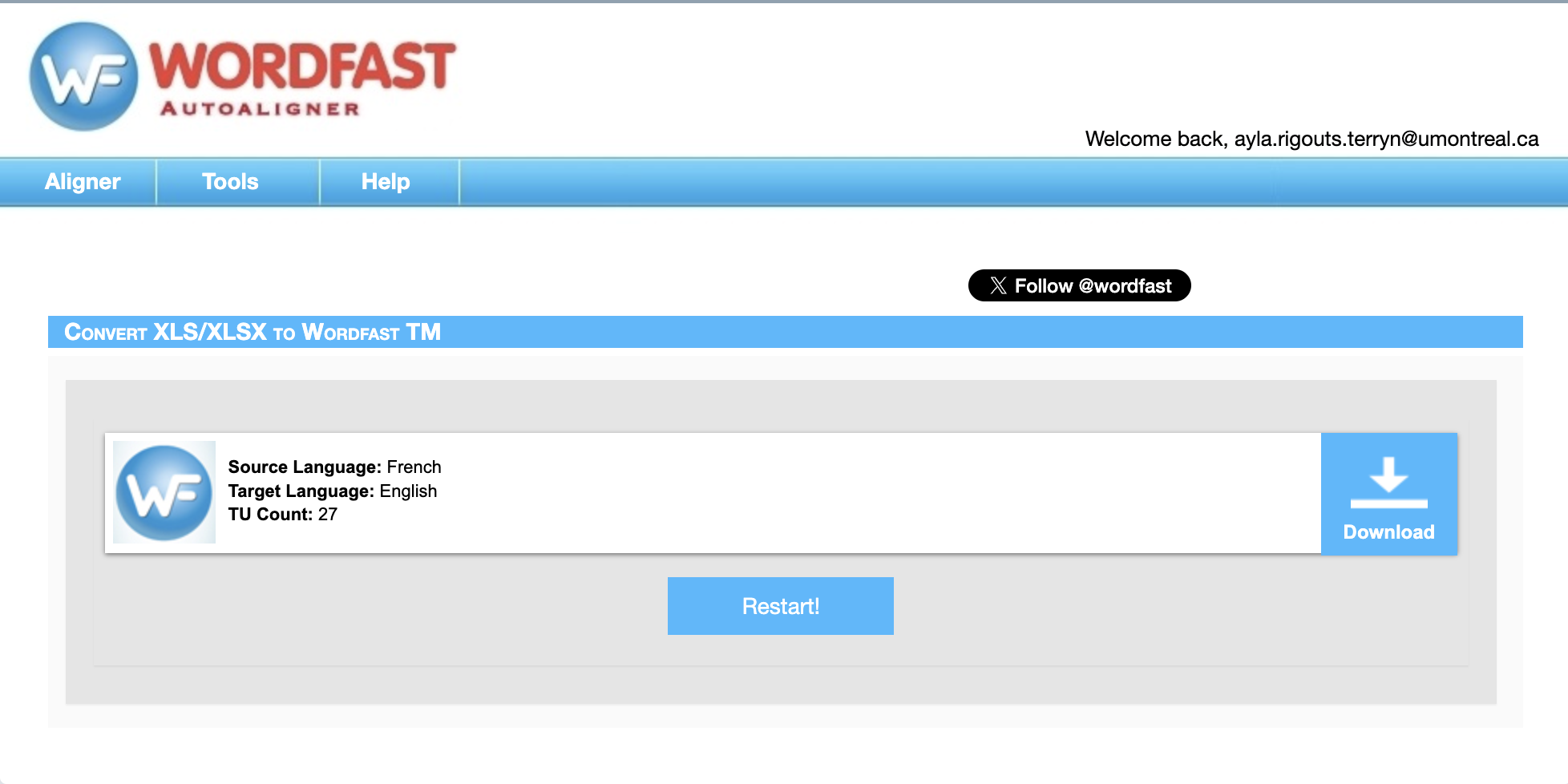 Le résultat de la conversion : Source Language French, Target Language English, TU Count 27, un bouton Download et un bouton Restart!.