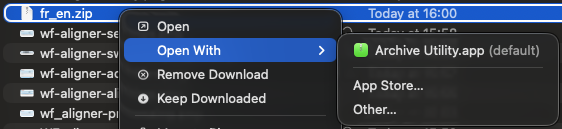 Le menu du clic droit sur fr_en.zip dans le Finder, avec Open With et Archive Utility.app proposé par défaut.