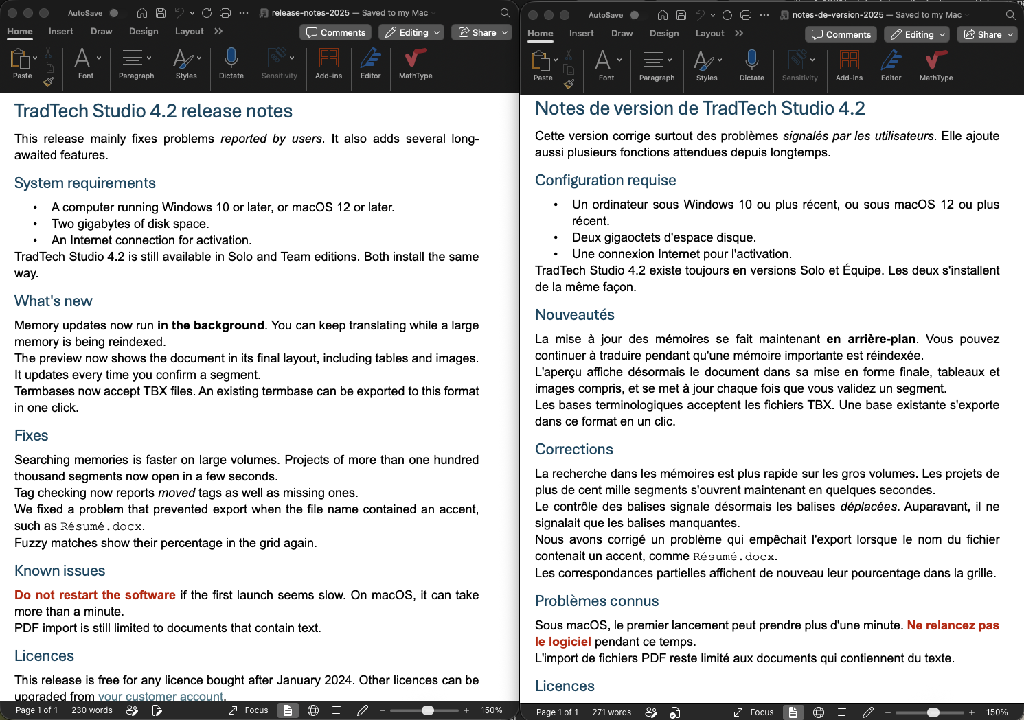 Deux fenêtres de Word côte à côte : à gauche les notes de version de TradTech Studio 4.2 en français, avec les sections Configuration requise, Nouveautés, Corrections et Problèmes connus ; à droite leur traduction anglaise, avec System requirements, What's new, Fixes et Known issues.
