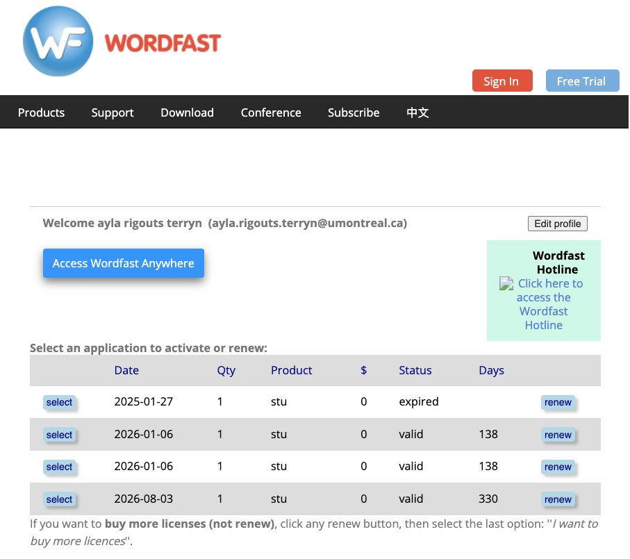 La page du compte Wordfast : le message de bienvenue, le bouton bleu Access Wordfast Anywhere, et sous lui le tableau des licences du compte.
