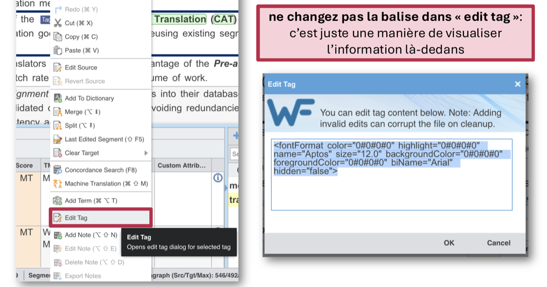 Le menu contextuel d'un segment, avec la commande Edit Tag encadrée, et à droite la fenêtre Edit Tag montrant le contenu d'une balise de mise en forme de police, avec l'avertissement que des modifications non valides peuvent corrompre le fichier.