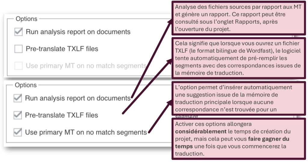 Le cadre Options, montré non coché puis coché, avec quatre annotations expliquant le rapport d'analyse, la prétraduction des fichiers TXLF, l'usage de la traduction automatique sur les segments sans correspondance, et l'allongement du temps de création.