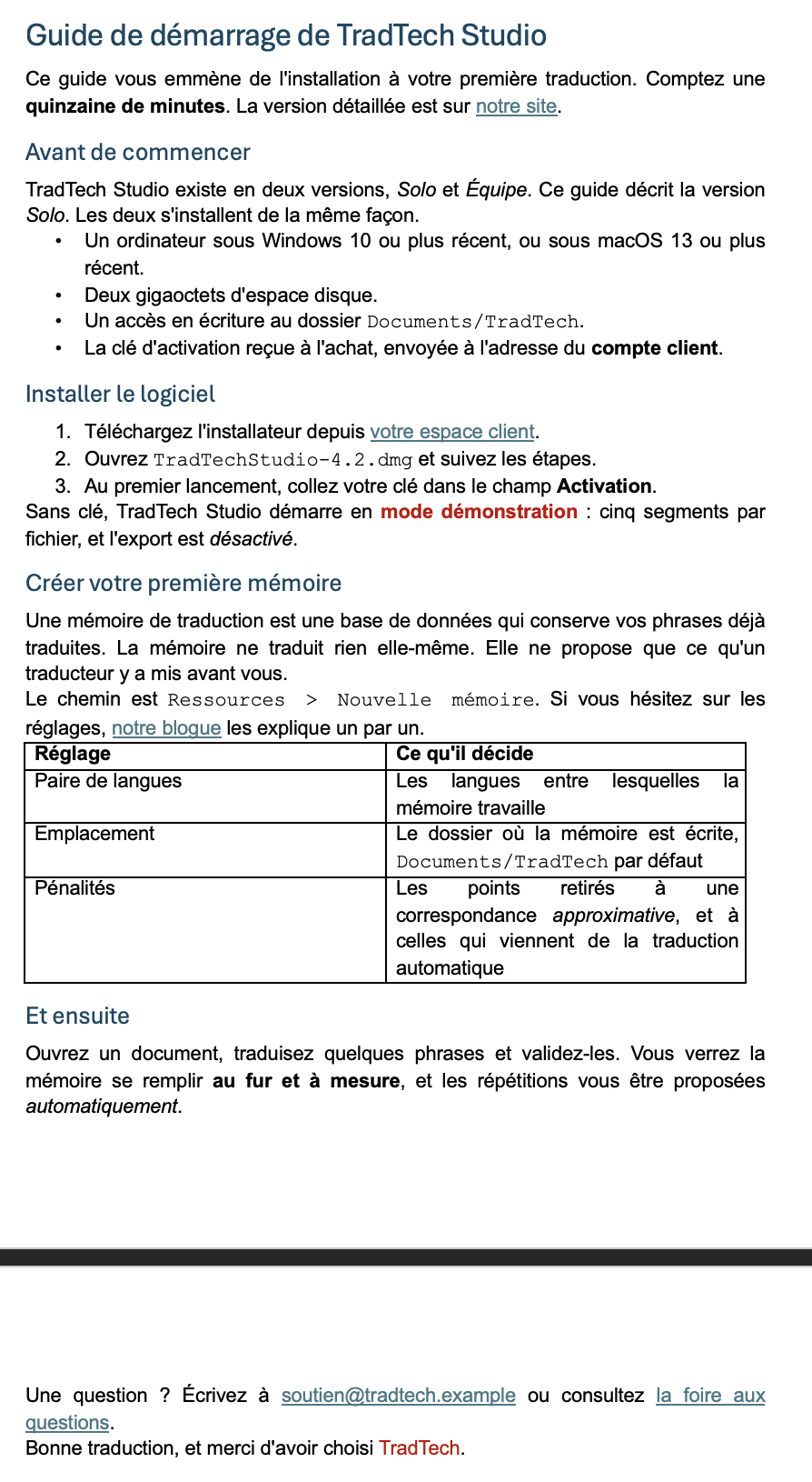 Le guide de démarrage ouvert dans Word : un titre, trois sous-titres, une liste à puces, une liste numérotée, du gras, de l'italique, deux liens, un chemin de fichier dans une autre police, un passage en rouge et un tableau de deux colonnes.