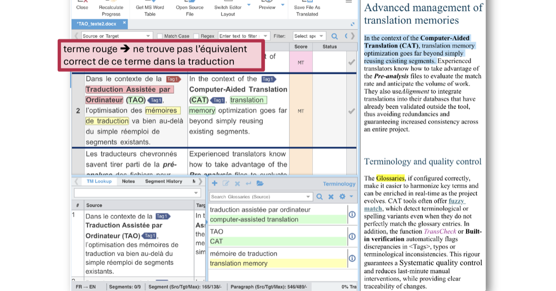 Un segment où l'expression « Traduction Assistée par Ordinateur » est surlignée en rouge dans la source, avec l'annotation : terme rouge égale ne trouve pas l'équivalent correct de ce terme dans la traduction.