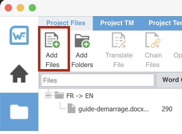 L'onglet Project Files du projet ouvert, avec les boutons Add Files et Add Folders, et la liste des fichiers sous FR -> EN où figure déjà guide-demarrage.docx.